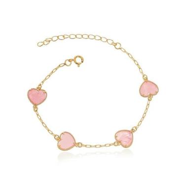 Imagem de Pulseira Banhada a Ouro 18K Corações Rosa Claro - J A JOIAS