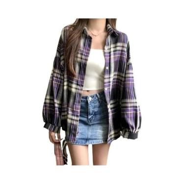 Imagem de Camisa Jaqueta Xadrez Tartan Oversized Feminina Manga Longa Com Botões