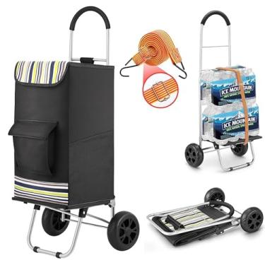 Imagem de Carrinho de compras, carrinho de supercarga, capacidade de 99 kg, carrinho dobrável com sacola de compras preta extragrande, carrinho utilitário portátil com cordão elástico ajustável