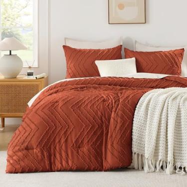 Imagem de Andency Conjunto de edredom extragrande laranja queimado super king plus 128 x 120, tamanho king extragrande, boêmio, macio, quente, 3 peças, roupa de cama com textura de chevron