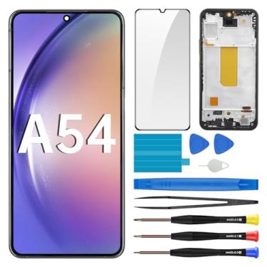 Imagem de BESJMYT Substituição de tela para Samsung Galaxy A54 com moldura LCD, digitalizador sensível ao toque, montagem completa e botão lateral, alto-falante, vibração, motor, vidro, reparo, kit SM-A546U