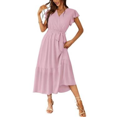 Imagem de Vestido PRETTYGARDEN Envelope Decote V Babado Longo Rosa G