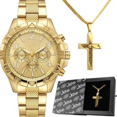 Imagem de Relogio Masculino Aço Banhado + Cordão Crucifixo + Caixa ouro religios
