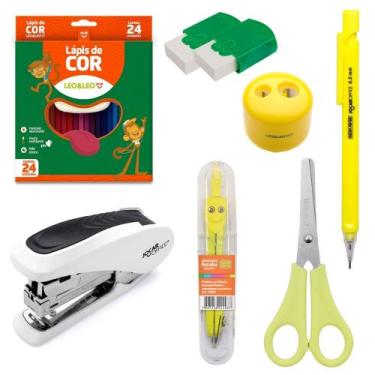 Imagem de Kit Material Escolar Grampeador Lapiseira Lapis De Cor Lapiseira e Com