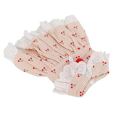 Imagem de Pequeno vestido de animal de estimação, roupas de filhote de cachorro, adequado para a pele, algodão lavado à mão, padrão de cereja, design de botão suave para o dia a dia(Damasco, M)