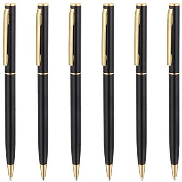 Imagem de Unibene Pacote com 6 canetas esferográficas douradas finas – preto fosco e dourado metálico retrátil, tinta preta de ponta média de 1,0 mm com 6 refis de aço inoxidável para escritório, presente