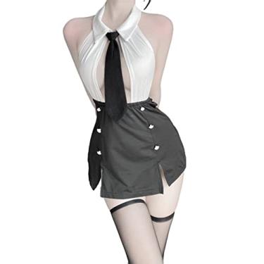 Imagem de SINGUYUN Fantasia feminina de escritório para secretária, fantasia sexy de professor, cosplay lingerie com meias (2489 branco preto), 2489 branco preto, One Size