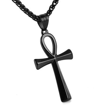 Imagem de HZMAN Colar masculino com pingente religioso com cruz Ankh Copta, 52 + 5 cm, 2" x 1" (pendant) + 24" (chain), Aço inoxidável, Sem Pedra Preciosa