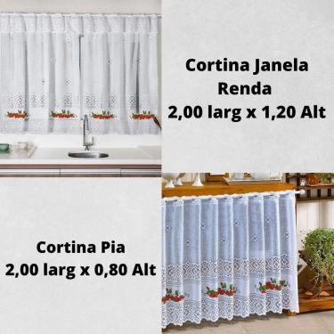 Imagem de Kit Cortinas Pia 2x0,80 +Janela 2x1,50 Renda Branca Morango