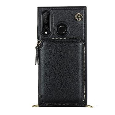 Imagem de Capa de telefone compatível com Huawei P30 Lite capa de carteira com zíper, capa com compartimento para cartão alça de pulso bolsa protetora capa de couro compatível com Huawei P30 Lite (cor: preto)