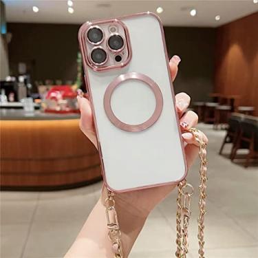 Imagem de FCSWEET Capa compatível com iPhone 13 Pro MAX, capa de silicone galvanizado ultrafina transparente magnética com lente de câmera, protetor flims e capa de telefone de corrente galvanizada para mulheres e meninas - rosa
