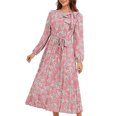 Imagem de UIFLQXX Vestido de coquetel feminino de comprimento médio plissado manga longa floral vestido vintage vestido feminino maxi vestidos, Rosa, M