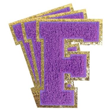 Imagem de 3 peças de remendos de letras de chenille roxo glitter ferro em remendos de letras universitárias remendo bordado de chenille costurar em remendos para roupas chapéu bolsas jaquetas camisa (roxo, F)
