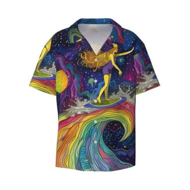 Imagem de IYOVI Linda camiseta havaiana com estampa animal colorida para homens solta manga curta Cuba camisa abotoada verão praia camisa, Surfing Rainbows Stars Planets, G