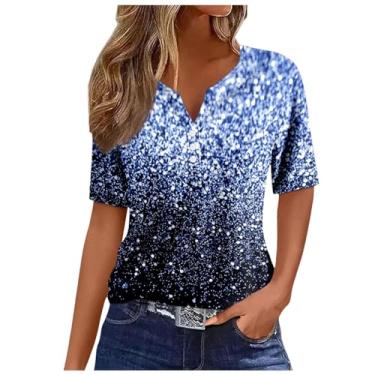 Imagem de Blusas femininas de verão 2024 da moda manga curta com estampa brilhante patchwork casual camisas com botão Henley gola V túnica blusas, Azul, XXG