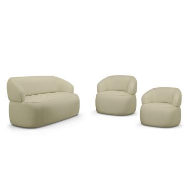 Imagem de Kit 02 Poltronas Giratória e 01 Sofá Orgânico Glee 03 Lugares 170cm Linho Bege - Desk D...