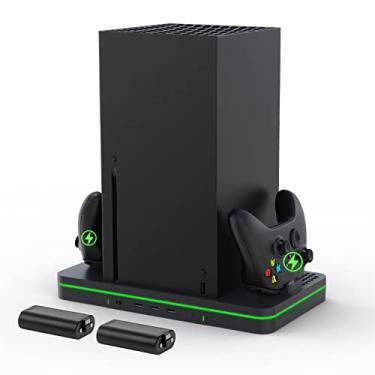 Imagem de Suporte vertical CODOGOY Estação de carregamento com ventoinha de resfriamento, compatível com console e 2 controles Xbox Series X/S, 3 entradas USB, 2 baterias recarregáveis de 1.100 mAh