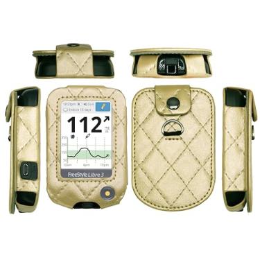 Imagem de Capa de couro xadrez com protetor de tela e cordão para Freestyle Libre 3, Freestyle Libre 2 (dourado)