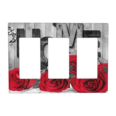 Imagem de Capa de interruptor de luz de madeira rústica rosa vermelha Country 3 Gang Rocker Decora Tripla Placa de Parede Placa Elétrica Tomada Placa Frontal para Banheiro Cozinha Tamanho Padrão
