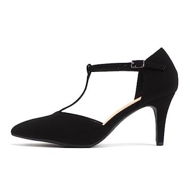 Imagem de Soda Bahia ~ Sapato feminino bico fino fechado atrás stiletto salto médio tira em T, Nobuck preto, 40