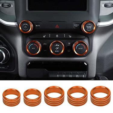 Imagem de RT-TCZ Controle central Rádio AC Tampa do botão do interruptor do botão do botão da tampa do interruptor do botão do anel de guarnição de liga de alumínio acessórios interiores para Dodge RAM 2018-2022 5 peças, laranja