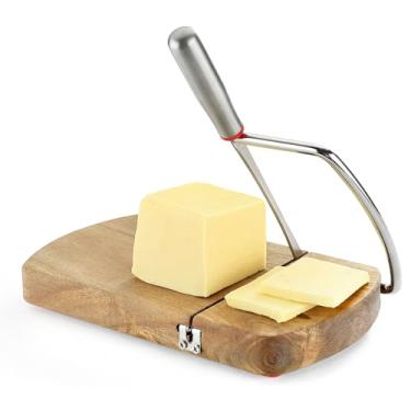 Imagem de DGLOZE Cortador de queijo, tábua de cortar queijo de madeira com lâmina de aço inoxidável para bloquear queijo, legumes, manteiga, salsichas, pão