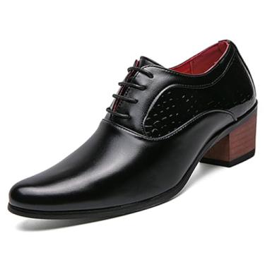 Imagem de Sapato masculino Derby Oxfords de couro, clássico, com cadarço, cano baixo, bico fino, bloco em relevo, salto alto, negócios, vestido de casamento, Couro preto fosco, 42