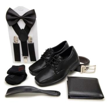 Imagem de Kit Sapato Social Infantil Suspensorio Gravata Cinto Carteira Calçadei