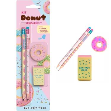 Imagem de Kit Escolar Com 4 Peças Lápis Grafite Apontador Borracha Donuts Volta As Aulas