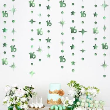 Imagem de pinkblume Sage Green Número 16 Círculo Ponto Brilho Estrela Guirlanda Pendurado Bandeirinhas Banner Cenário Decorações para Meninas Feliz 16º Aniversário Doce Dezesseis 16º Aniversário Felicidades Par