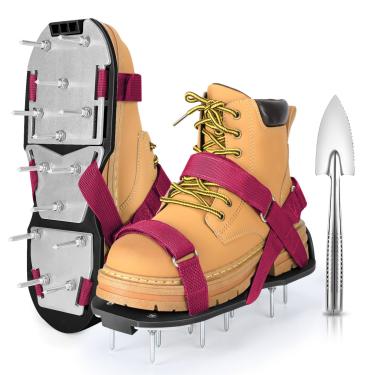 Imagem de DenForste Sapatos aeradores de gramado para grama - Sapatos aeradores de grama pré-montados para gramado - Ferramenta aeradora de solo para arejar pátio jardim, vermelho