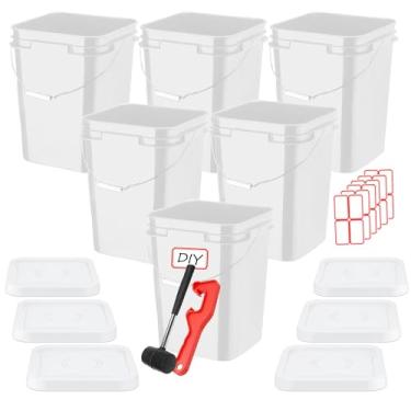 Imagem de CAMATET Balde de 5 galões com tampa, balde quadrado de plástico de grau alimentício com alças de metal, recipientes de armazenamento industrial resistente com adesivos DIY, martelo de borracha,