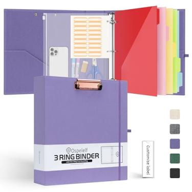 Imagem de Ospelelf Organizador de fichário com 3 anéis de 5 cm com bolsa com zíper, portfólio de pranchetas de linho roxo (21,6 cm x 28 cm), 5 pastas de plástico com 10 bolsos, fichário escolar de capa dura