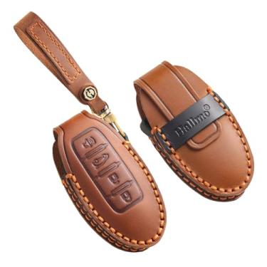 Imagem de HIBEYO Capa de chaveiro personalizável compatível com Nissan Altima Sentra Rogue Pathfinder Murano Armada Maxima Versa acessórios chaveiros personalizados de couro genuíno - 4 botões B tipo marrom