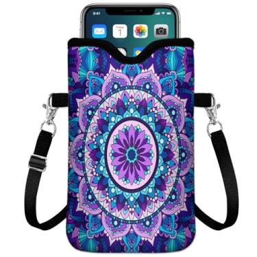 Imagem de IRADA Bolsa de neoprene para celular com alça transversal e cordão de pescoço para mulheres e homens 19 x 10 cm - flor mandala roxa à prova de choque bolsa universal para telefone
