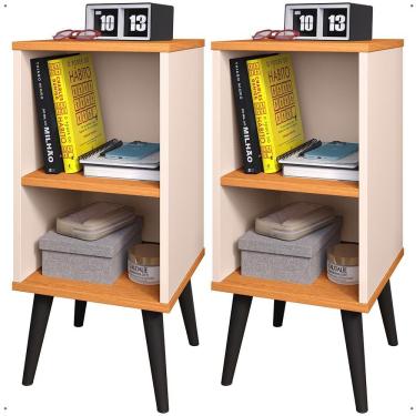 Imagem de Kit 2 Mesas de Cabeceira Charme Retrô Nicho Mesinha Pequena Lateral Cama Box Casal Decoração Quarto - Off/Cinamomo - RPM