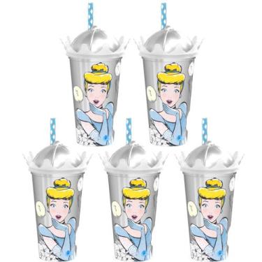 Imagem de Kit 5 Copos 500ml Estampa Cinderela Princesa com Canudo e Tampa Coroa 