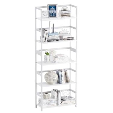 Imagem de vovala Estante de livros de madeira de bambu com 5 andares, prateleira de armazenamento alta para exibição, grande estante industrial moderna para casa, escritório, sala de estar, cozinha, quarto