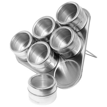 Imagem de Porta Temperos Condimentos Aço Inox Magnético Kit com 6 Potes redondos num base em Triângulo