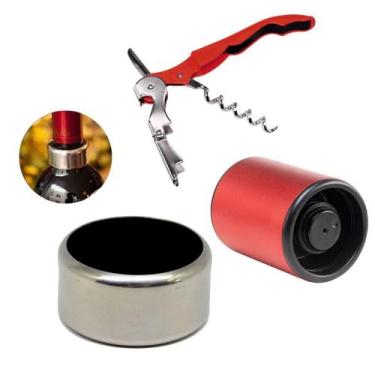 Imagem de Kit Vinho Anel Corta Gotas Saca-Rolhas e Tampa à Vácuo Prana