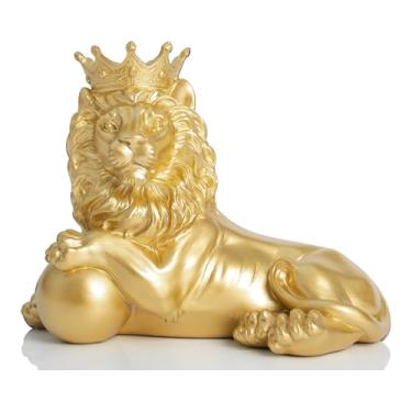 Imagem de AMOIENSIS Estátua de Leão Feng Shui Decoração de Casa Peça de Declaração Real, Presente Masculino Pai Leão Leão, Decoração de Mesa de Escritório em Casa para Homem Estátua Dourada de Leão Deitado