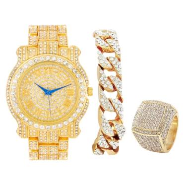 Imagem de Charles Raymond Relógio masculino de luxo redondo Bling-ed Out com pulseira cubana Bling-ed Out e conjunto de anel rei gelado - L0504 BR conjunto de 3 peças, Dourado, 10