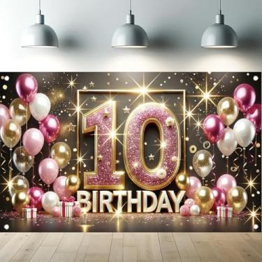 Imagem de Starlit Patio Pano de fundo de festa de aniversário de 10 anos em ouro rosa, poliéster de 180 x 109 cm, inclui corda e ilhós, perfeito para celebrações de aniversário de meninas