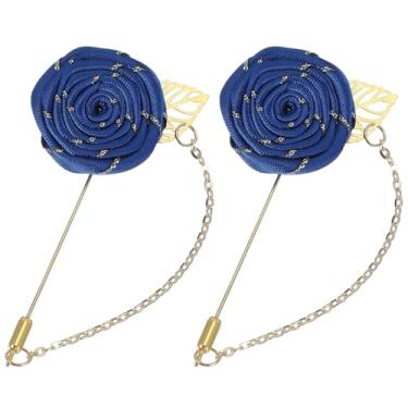 Imagem de uxcell 2 peças de broche de lapela rosa para ternos masculinos, broche de flores de pano feito à mão com folha de ouro/corrente para acessórios de terno casamento de noivo, azul, 9.5 cm, Metal, Liga