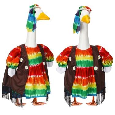 Imagem de Suzile Fantasia de ganso hippie tie dye, decoração de festa, vestidos para 58,4 cm de altura de cimento ou plástico, fantasia de ganso para alpendre, jardim, jardim, pátio, festa descolada, arco-íris