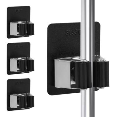 Imagem de UAREP Suporte de parede para vassoura de esfregão, aço inoxidável, resistente à ferrugem, resistente, sem broca, suporte de vassoura autoadesivo, suporte de parede, 4 peças para banheiro, cozinha