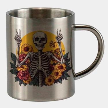 Imagem de Caneca de Inox Premium Prateada 400ml CAVEIRA ESQUELETO PAZ FLORES 1  