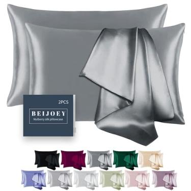 Imagem de BEIJOEY Fronhas 100% seda amoreira conjunto de 2 para cabelo e pele, com zíper oculto, ambos os lados 19 Momme 600 fios capa de almofada de seda natural, macia e respirável (cinza, King 50 x 91 cm)