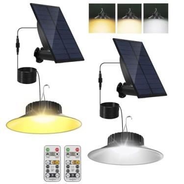 Imagem de TSUNESLUX Pacote com 2 lâmpadas solares para galpão externo interno, luz pendente movida a energia solar com controle remoto 3000K/4000K/6000K, IP65 à prova d'água para jardim, pátio, varanda, celeiro