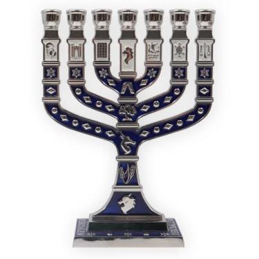 Imagem de Ateret Judaica Jerusalem 7 Branch Traditional Menorah Enamel Finish, with 12 Tribes of Israel, Candlestick Candle Holders (10.8 inch)